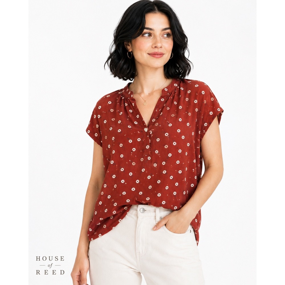 Amour Vert Silk Floral Blouse Rust Red Daisy Print Cap Sleeve Top XS Made in USA